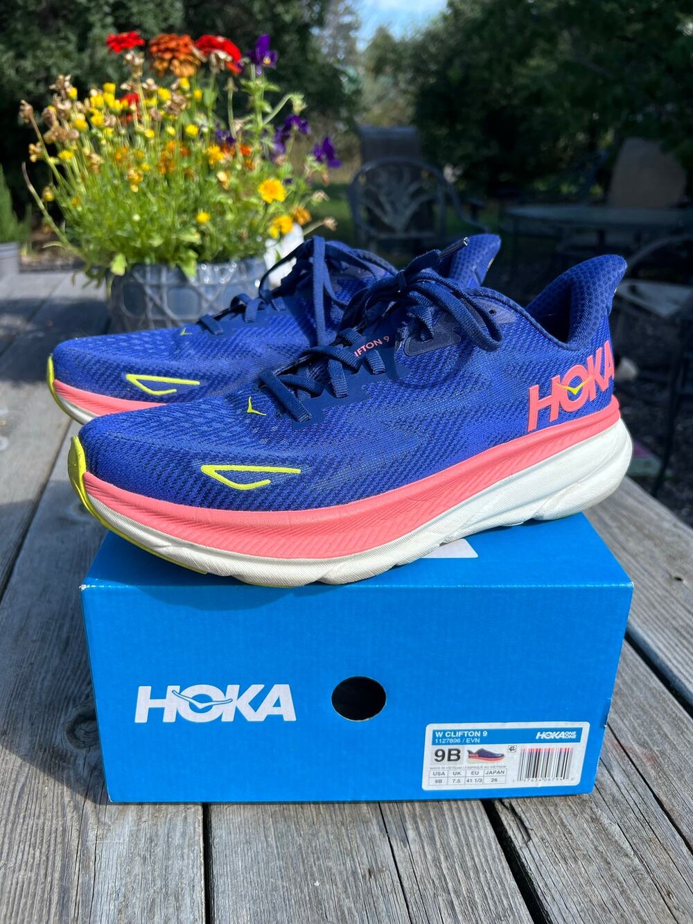 Hoka Clifton 9 women's 9 B running shoes evening sky coral workout gym everyday